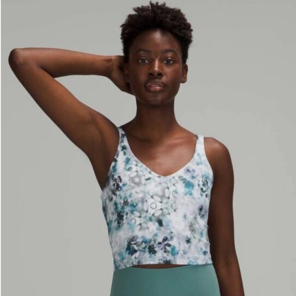 lululemon athletica White and Teal Marble Print Cropped Tank Top